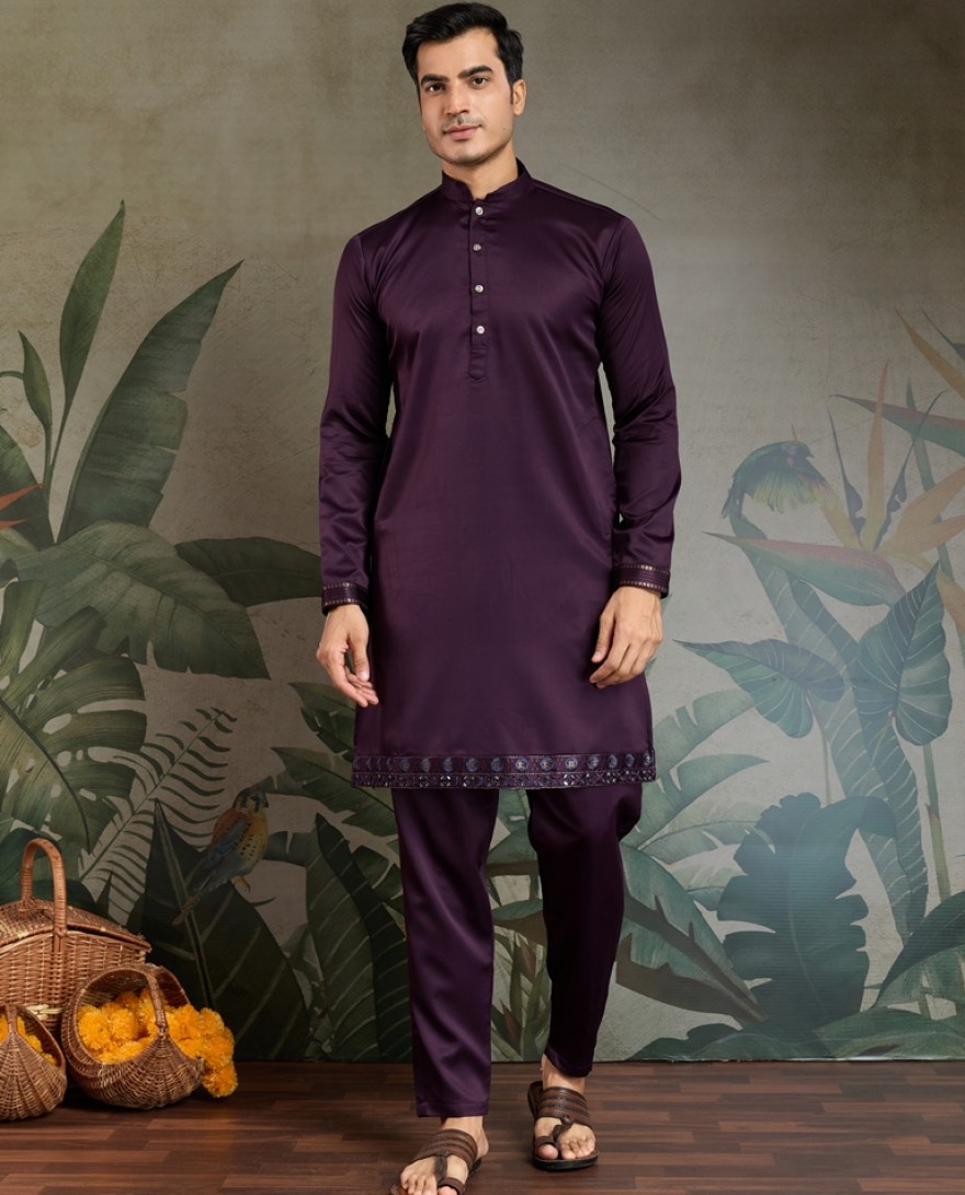 61105-PURPLE - Royal Plum Embroidered Kurta Set for Men